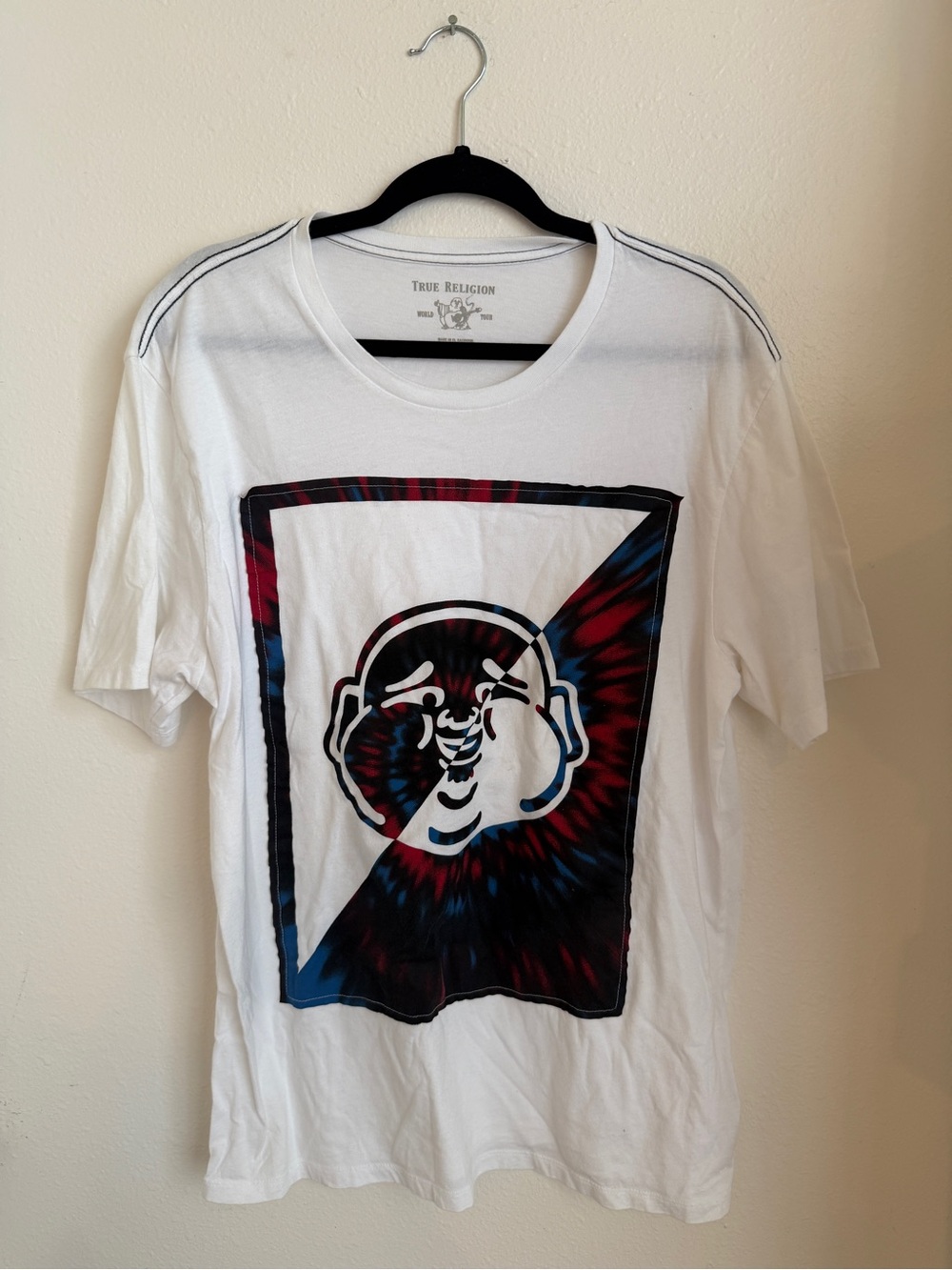 True Religion White Short-Sleeve Tee with Red & Blue Graphic